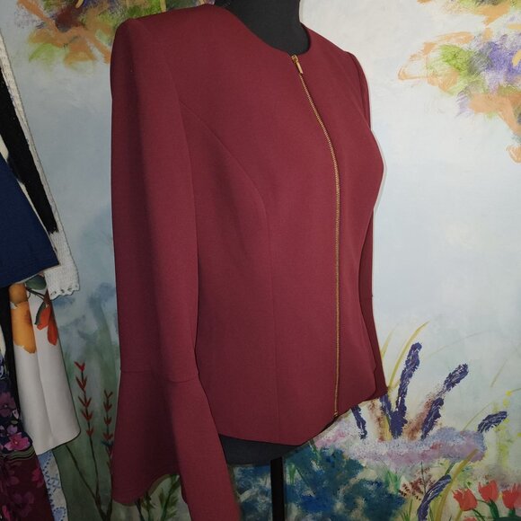 Calvin Klein Burgundy Bell Sleeve Blazer Jacket Gold Zipper Women's 8 - Picture 10 of 10